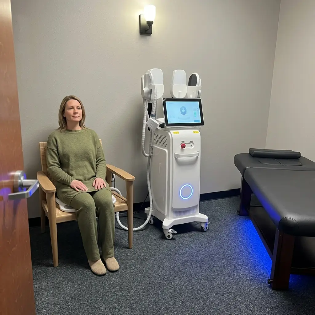 woman completing her pelvic floor therapy treatment at doctor slim med spa to strengthen her pelvic floor after having a baby
