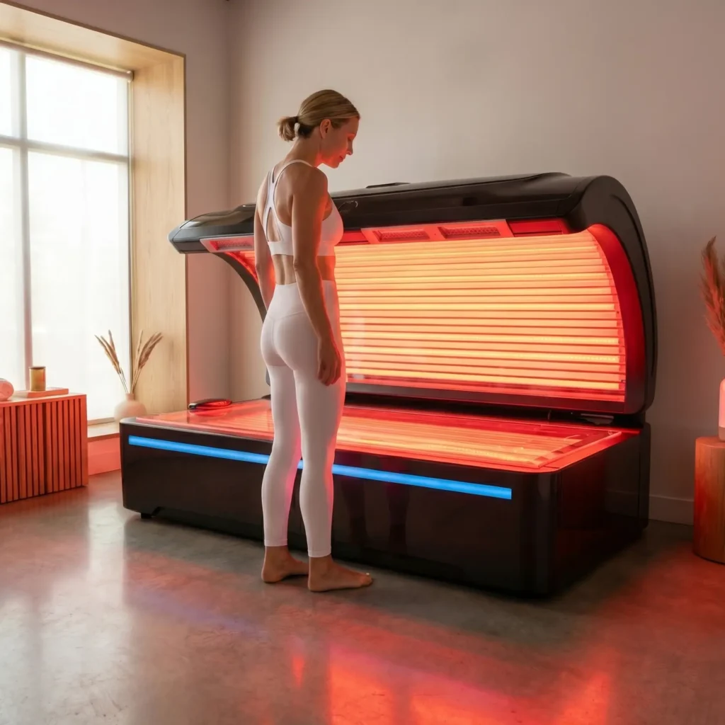 Woman preparing for red light therapy session at Doctor Slim Med Spa in Lewisville Texas